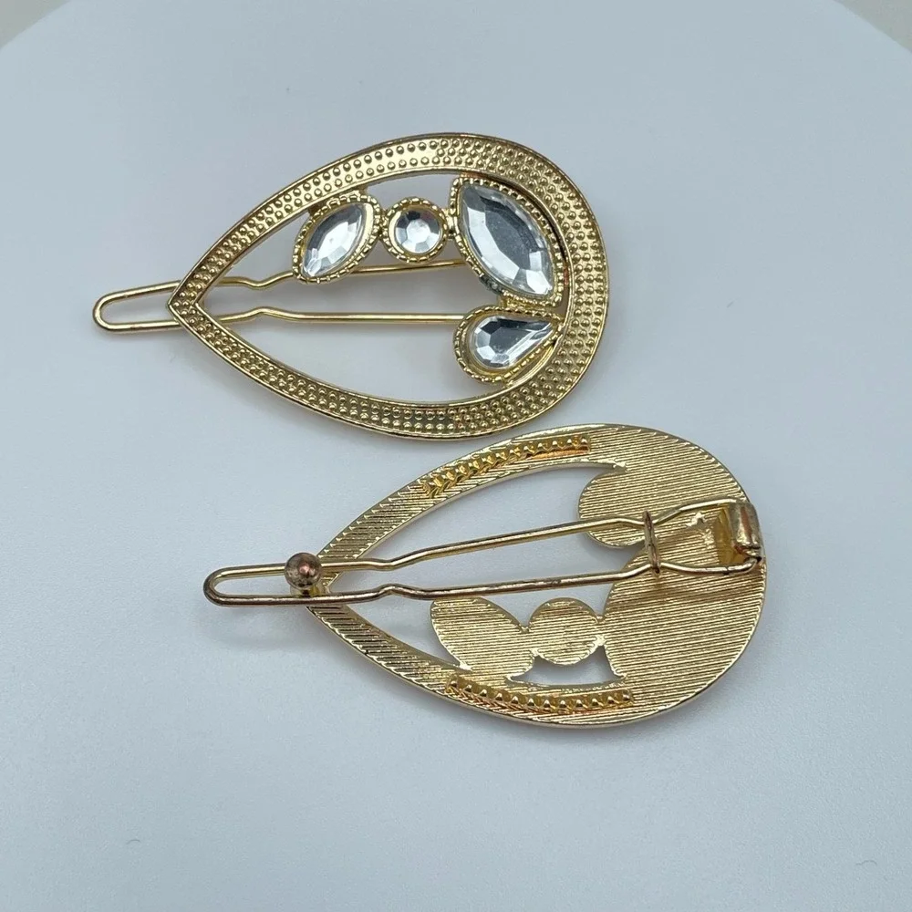 Vintage 80s Teardrop Hair Clips Set Gold & Silver Tone Rhinestone Bobby Pins Y2K